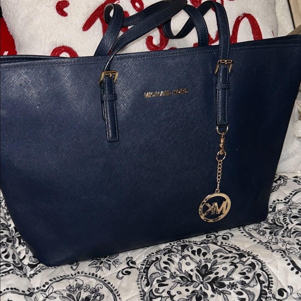 Michael Kors Dark Blue Tote with Gold Accents - Picture 1 of 7